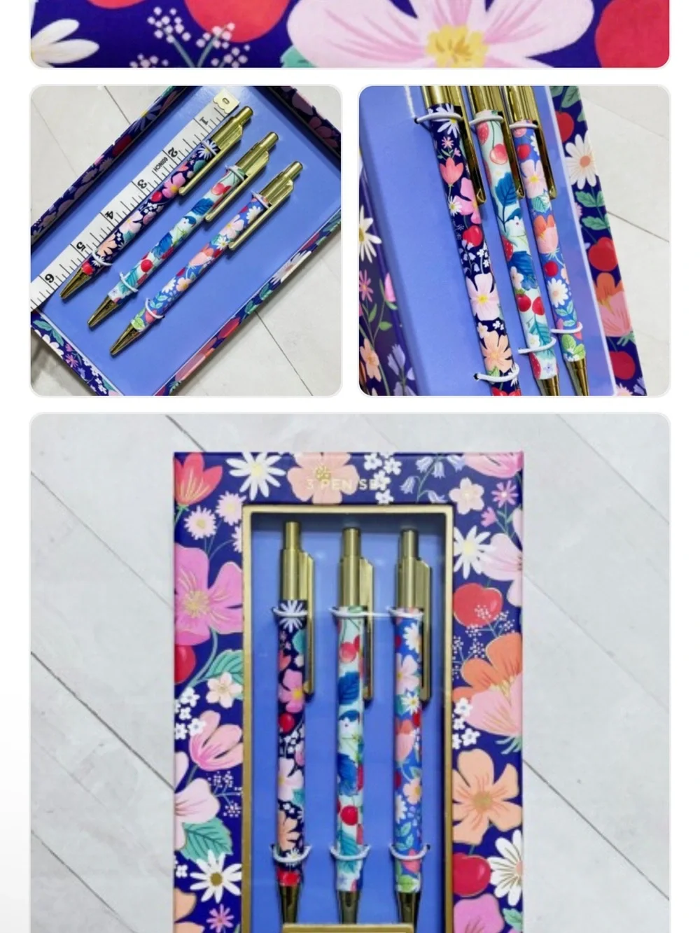 Clementine Floral Blue 3-Piece Ballpoint Pen Set